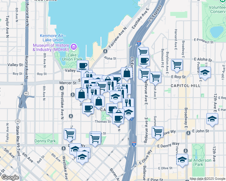 map of restaurants, bars, coffee shops, grocery stores, and more near in Seattle