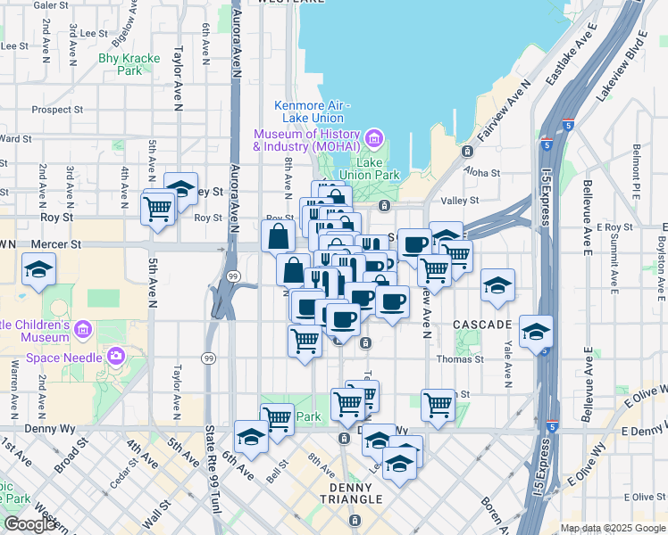 map of restaurants, bars, coffee shops, grocery stores, and more near 515 Westlake Avenue North in Seattle