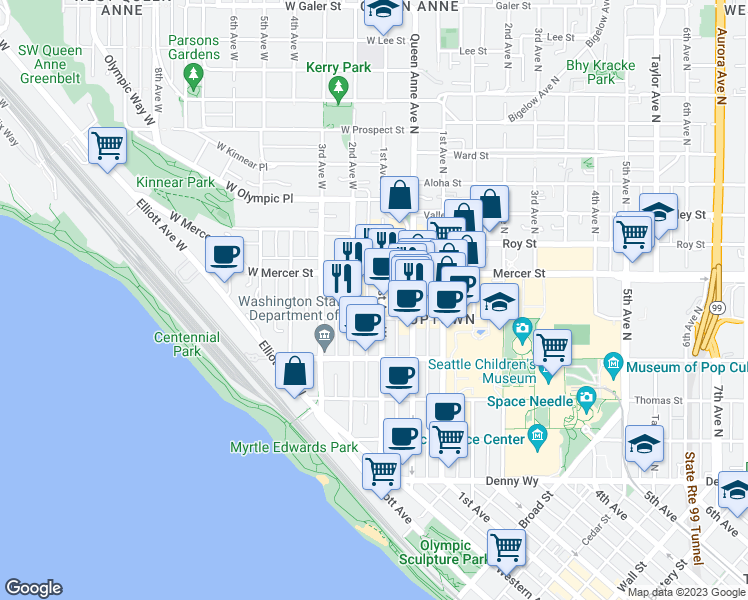 map of restaurants, bars, coffee shops, grocery stores, and more near 516 1st Avenue West in Seattle