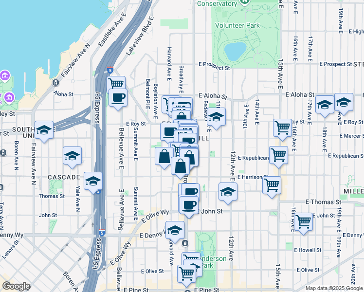 map of restaurants, bars, coffee shops, grocery stores, and more near 523 Broadway East in Seattle