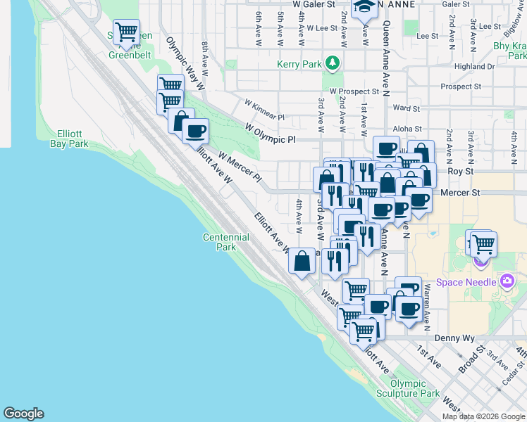 map of restaurants, bars, coffee shops, grocery stores, and more near 482 Elliott Avenue West in Seattle
