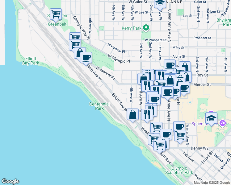 map of restaurants, bars, coffee shops, grocery stores, and more near 500 Elliott Avenue West in Seattle