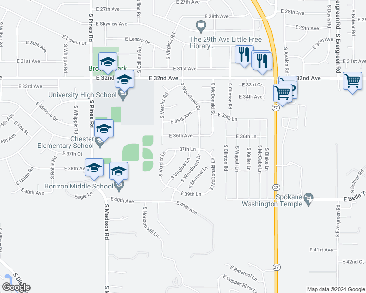 map of restaurants, bars, coffee shops, grocery stores, and more near 12815 East 37th Lane in Spokane Valley
