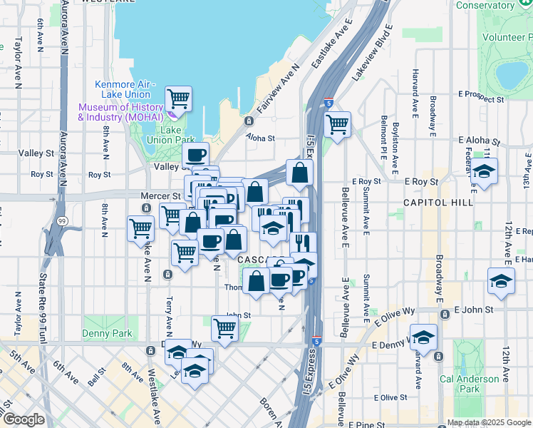 map of restaurants, bars, coffee shops, grocery stores, and more near 528 Pontius Avenue North in Seattle