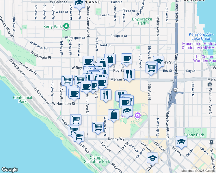 map of restaurants, bars, coffee shops, grocery stores, and more near 155 Mercer Street in Seattle