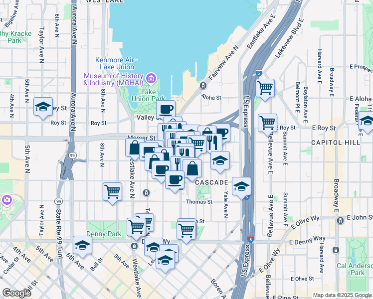 map of restaurants, bars, coffee shops, grocery stores, and more near 500 Fairview Avenue North in Seattle
