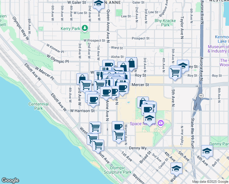 map of restaurants, bars, coffee shops, grocery stores, and more near 500 Queen Anne Avenue North in Seattle