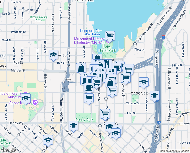 map of restaurants, bars, coffee shops, grocery stores, and more near 500 9th Avenue North in Seattle
