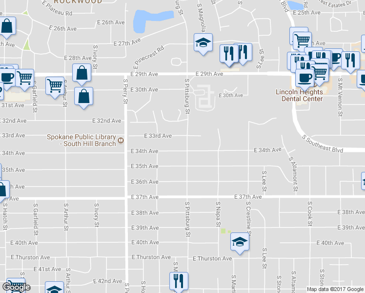map of restaurants, bars, coffee shops, grocery stores, and more near 1723 East 34th Avenue in Spokane