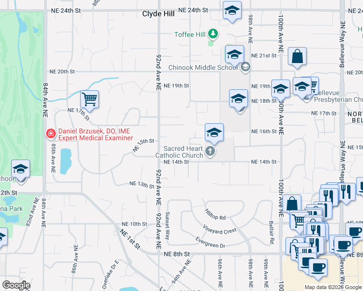 map of restaurants, bars, coffee shops, grocery stores, and more near 1442 Laurel Lane in Clyde Hill