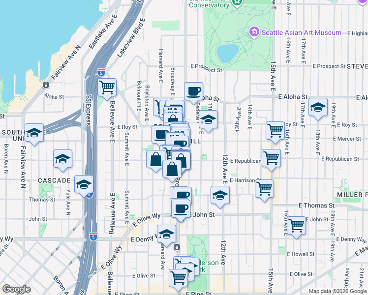 map of restaurants, bars, coffee shops, grocery stores, and more near in Seattle