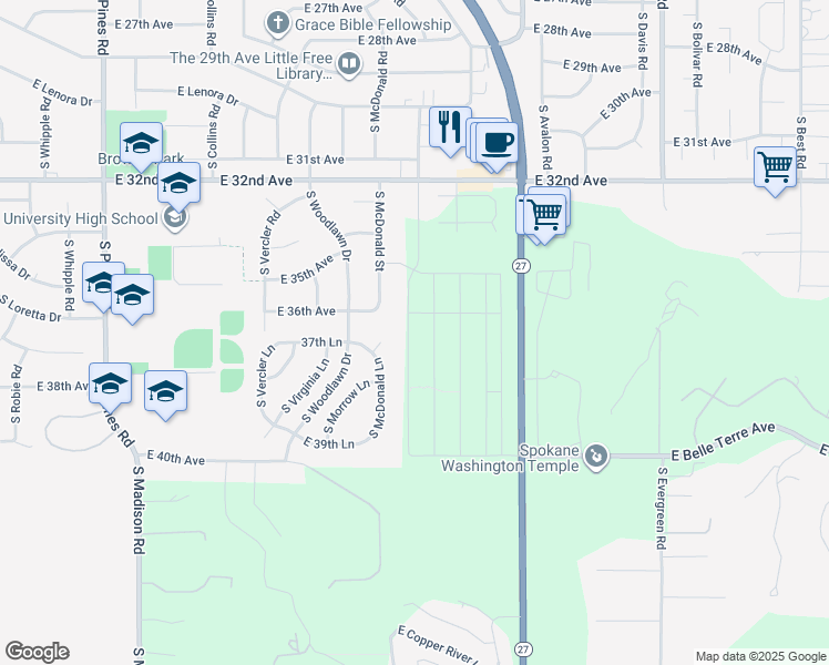 map of restaurants, bars, coffee shops, grocery stores, and more near 13025 East 37th Court in Spokane Valley
