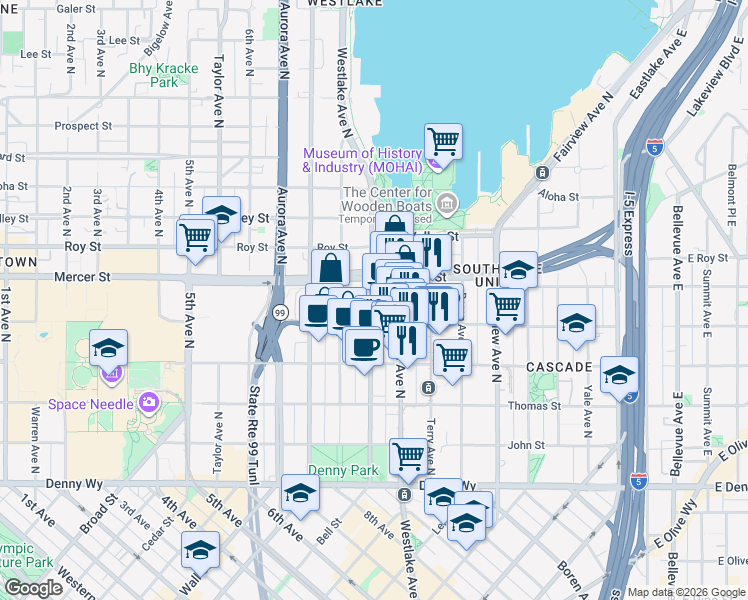 map of restaurants, bars, coffee shops, grocery stores, and more near 500 9th Avenue North in Seattle