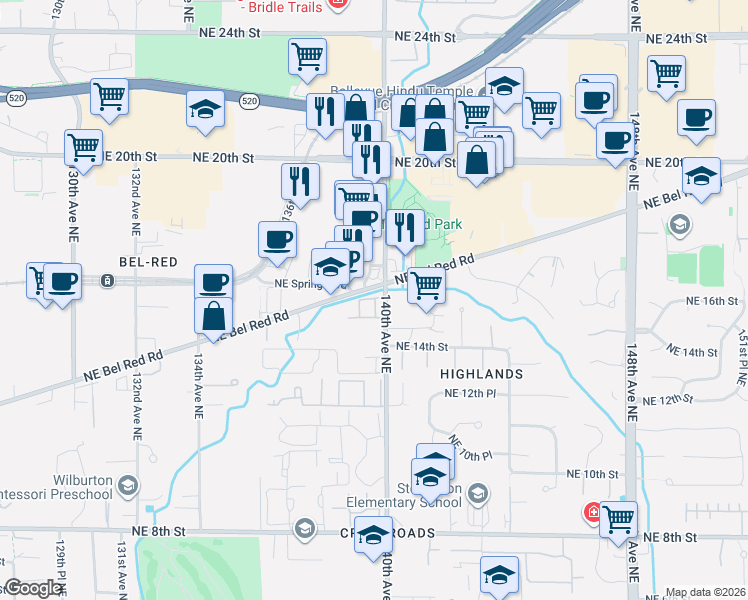 map of restaurants, bars, coffee shops, grocery stores, and more near 1520 139th Court Northeast in Bellevue