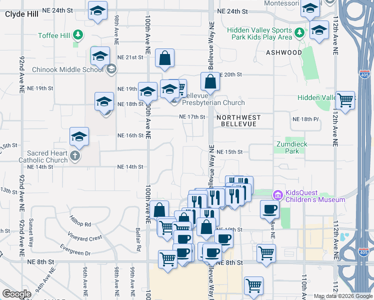 map of restaurants, bars, coffee shops, grocery stores, and more near 1457 Bellevue Way Northeast in Bellevue