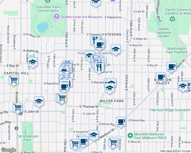 map of restaurants, bars, coffee shops, grocery stores, and more near 506 19th Avenue East in Seattle