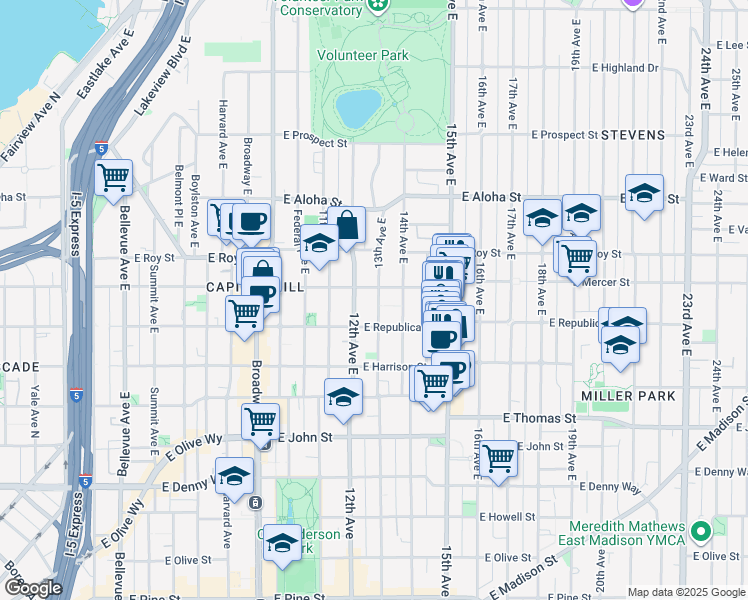 map of restaurants, bars, coffee shops, grocery stores, and more near 515 13th Avenue East in Seattle