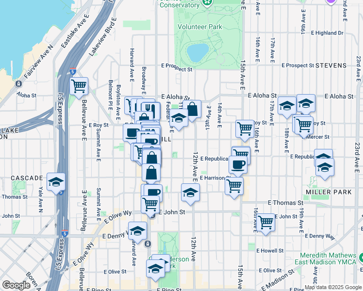 map of restaurants, bars, coffee shops, grocery stores, and more near 510 11th Avenue East in Seattle