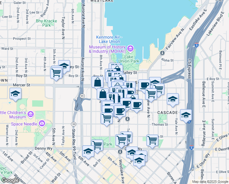 map of restaurants, bars, coffee shops, grocery stores, and more near 515 Westlake Avenue North in Seattle