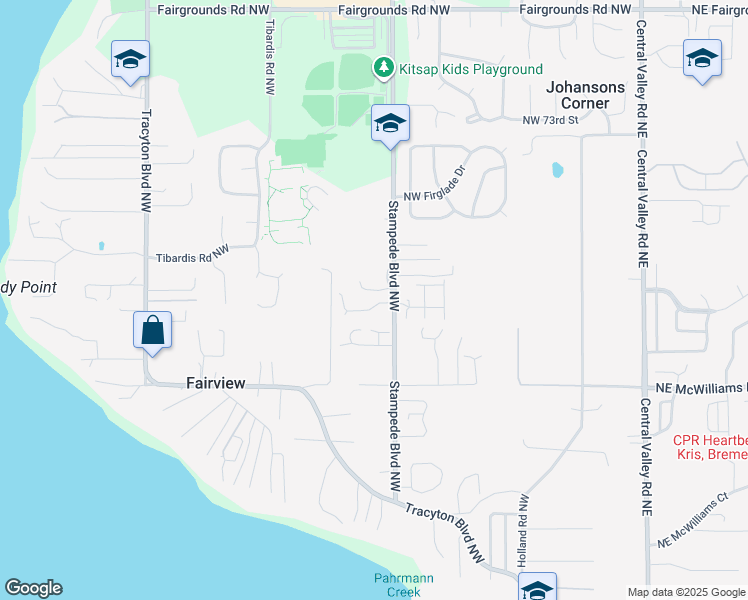 map of restaurants, bars, coffee shops, grocery stores, and more near 6643 Stampede Boulevard Northwest in Bremerton