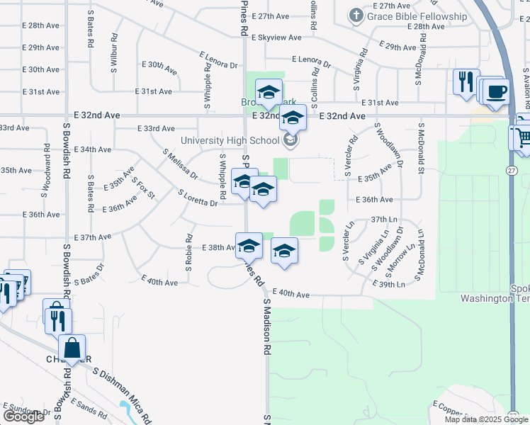 map of restaurants, bars, coffee shops, grocery stores, and more near 3525 South Pines Road in Spokane Valley