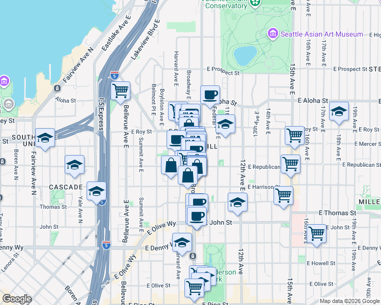 map of restaurants, bars, coffee shops, grocery stores, and more near 523 Broadway East in Seattle