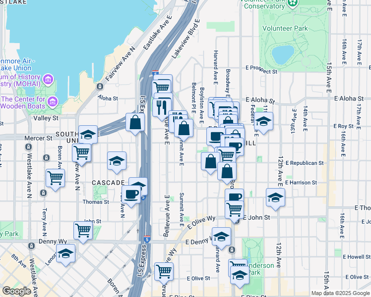 map of restaurants, bars, coffee shops, grocery stores, and more near 520 Summit Avenue East in Seattle