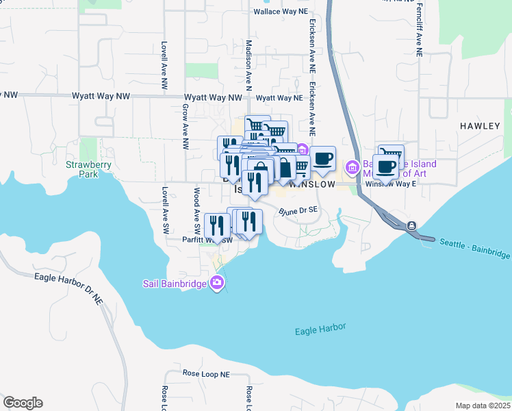 map of restaurants, bars, coffee shops, grocery stores, and more near 123 Bjune Drive Southeast in Bainbridge Island