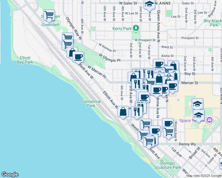 map of restaurants, bars, coffee shops, grocery stores, and more near 521 5th Avenue West in Seattle