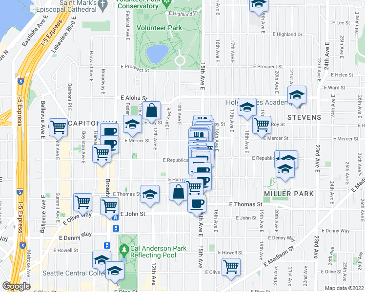 map of restaurants, bars, coffee shops, grocery stores, and more near 526 14th Avenue East in Seattle