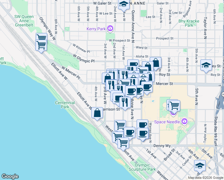 map of restaurants, bars, coffee shops, grocery stores, and more near 521 2nd Avenue West in Seattle