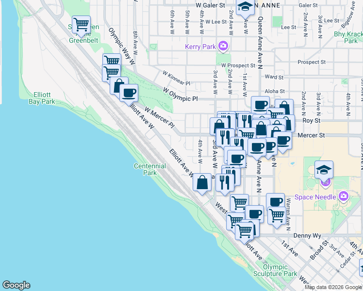 map of restaurants, bars, coffee shops, grocery stores, and more near 521 5th Avenue West in Seattle