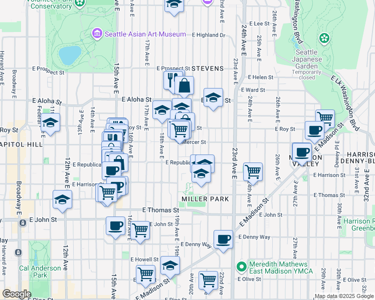 map of restaurants, bars, coffee shops, grocery stores, and more near 523 20th Avenue East in Seattle