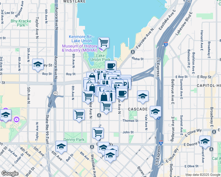 map of restaurants, bars, coffee shops, grocery stores, and more near 500 Boren Avenue North in Seattle