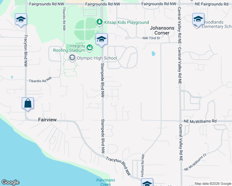 map of restaurants, bars, coffee shops, grocery stores, and more near 6445 Bronco Place Northwest in Bremerton