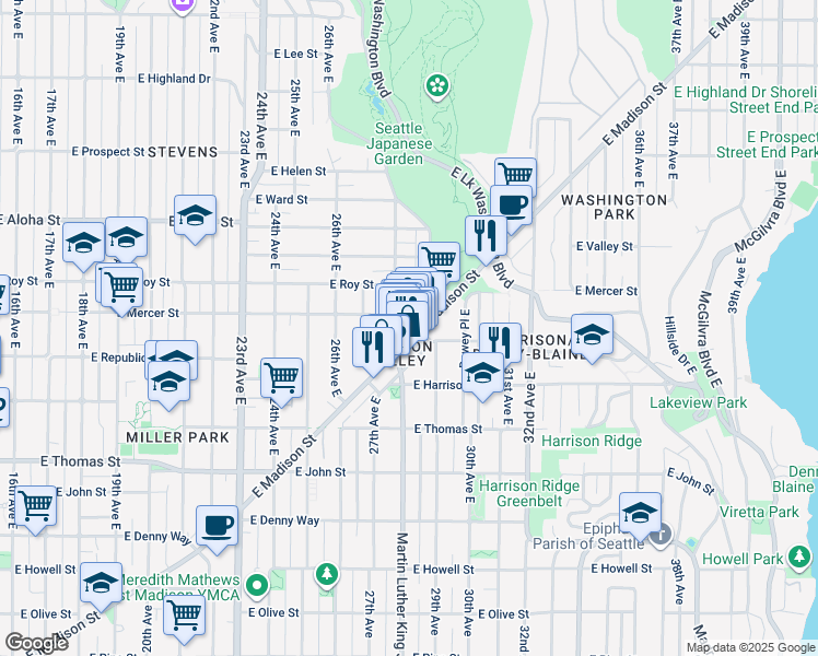 map of restaurants, bars, coffee shops, grocery stores, and more near in Seattle