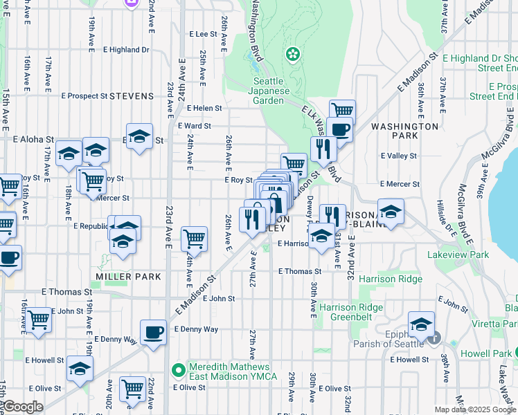 map of restaurants, bars, coffee shops, grocery stores, and more near in Seattle