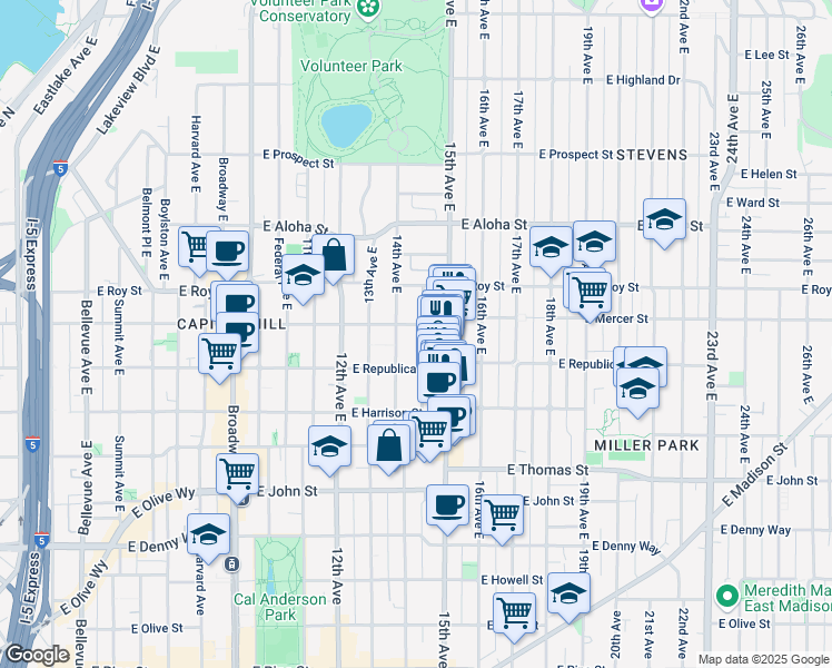 map of restaurants, bars, coffee shops, grocery stores, and more near 512 14th Avenue East in Seattle