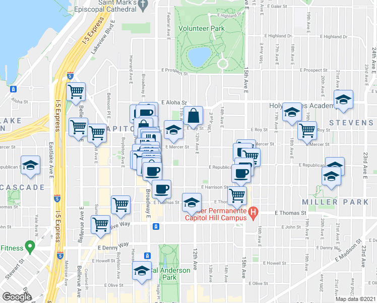 map of restaurants, bars, coffee shops, grocery stores, and more near 510 11th Avenue East in Seattle