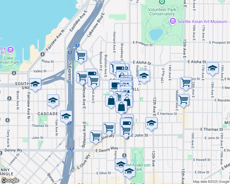 map of restaurants, bars, coffee shops, grocery stores, and more near 505 Broadway East in Seattle