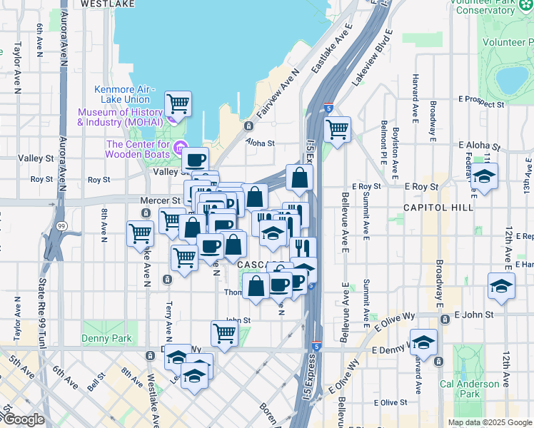 map of restaurants, bars, coffee shops, grocery stores, and more near in Seattle