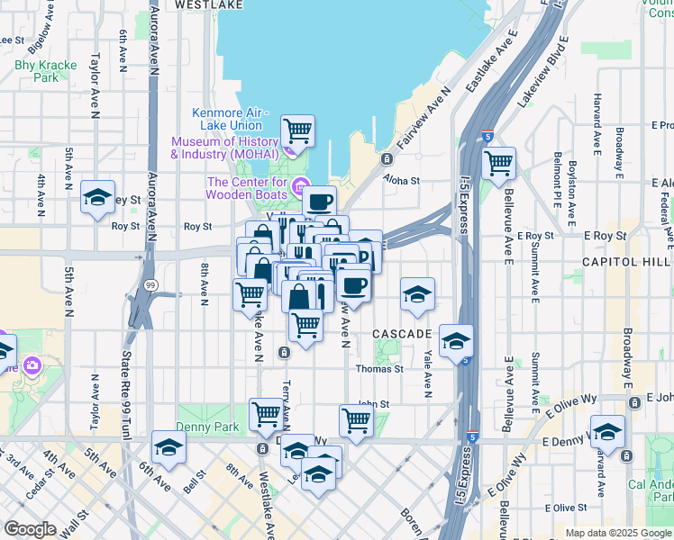 map of restaurants, bars, coffee shops, grocery stores, and more near 500 Boren Avenue North in Seattle