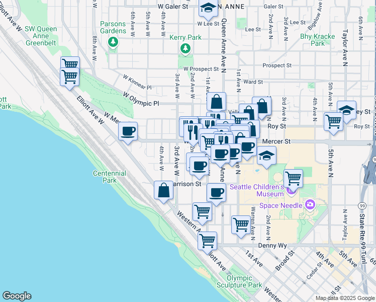 map of restaurants, bars, coffee shops, grocery stores, and more near 501 2nd Avenue West in Seattle