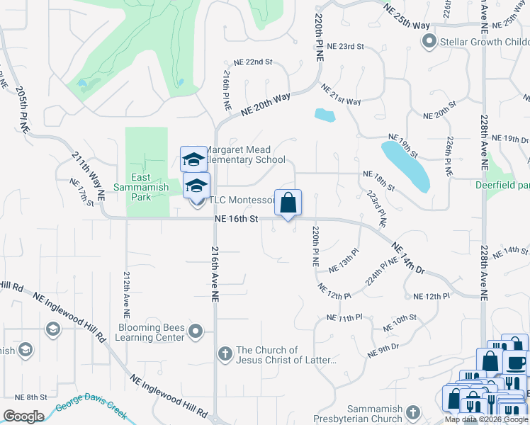 map of restaurants, bars, coffee shops, grocery stores, and more near 21800 Northeast 16th Street in Sammamish
