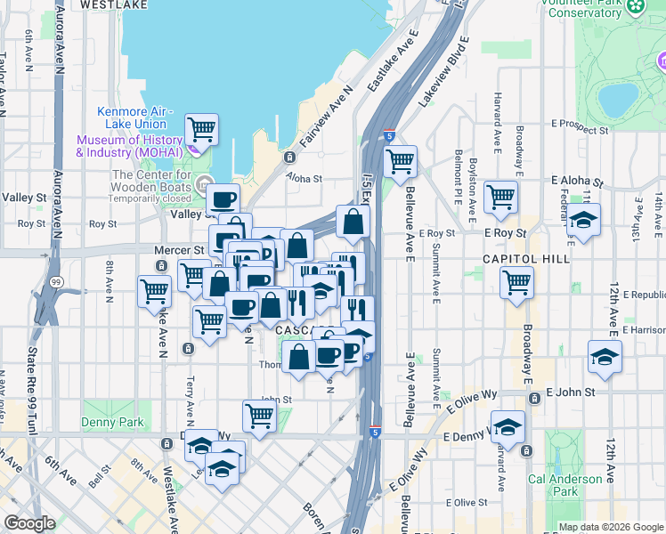 map of restaurants, bars, coffee shops, grocery stores, and more near in Seattle