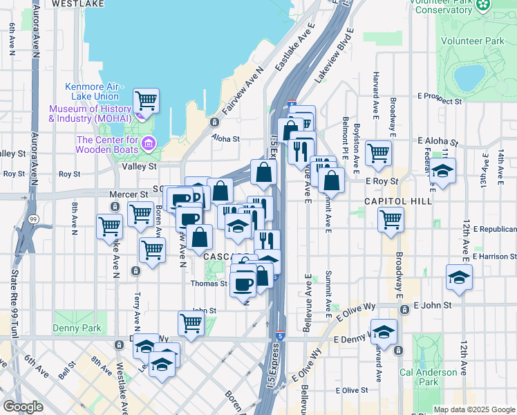 map of restaurants, bars, coffee shops, grocery stores, and more near 527 Eastlake Avenue East in Seattle