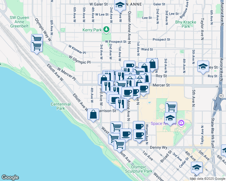 map of restaurants, bars, coffee shops, grocery stores, and more near 520 2nd Avenue West in Seattle