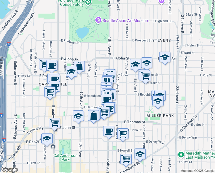 map of restaurants, bars, coffee shops, grocery stores, and more near 555 15th Avenue East in Seattle
