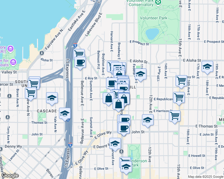 map of restaurants, bars, coffee shops, grocery stores, and more near 505 Broadway East in Seattle
