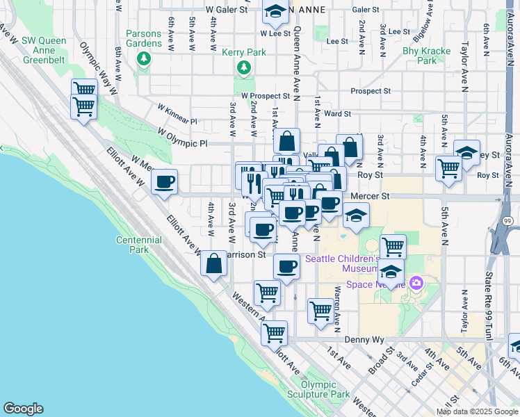 map of restaurants, bars, coffee shops, grocery stores, and more near 520 2nd Avenue West in Seattle